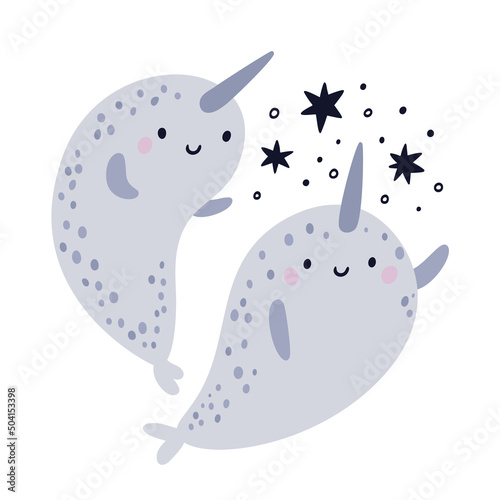Cute narwhal vector illustration. Baby animals in cartoon style. Funny ocean animal character. Underwater whale