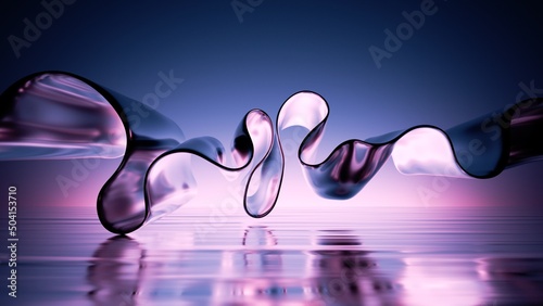 Fototapeta Naklejka Na Ścianę i Meble -  abstract 3d rendering, wavy iridescent metallic shape above the water with reflection. Modern unique wallpaper