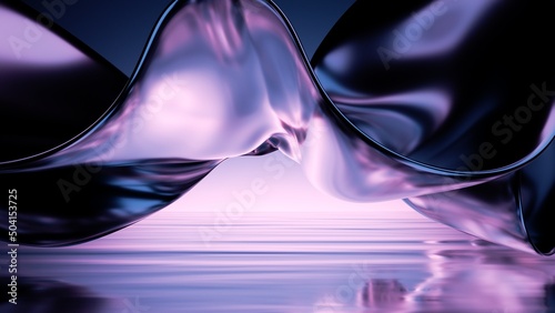 abstract 3d rendering, iridescent metallic drapery levitates above the water with reflection. Modern unique wallpaper
