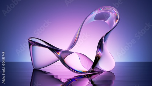 3d rendering, abstract violet background with curvy glass ribbon and reflection on the water surface. Simple modern minimalist wallpaper