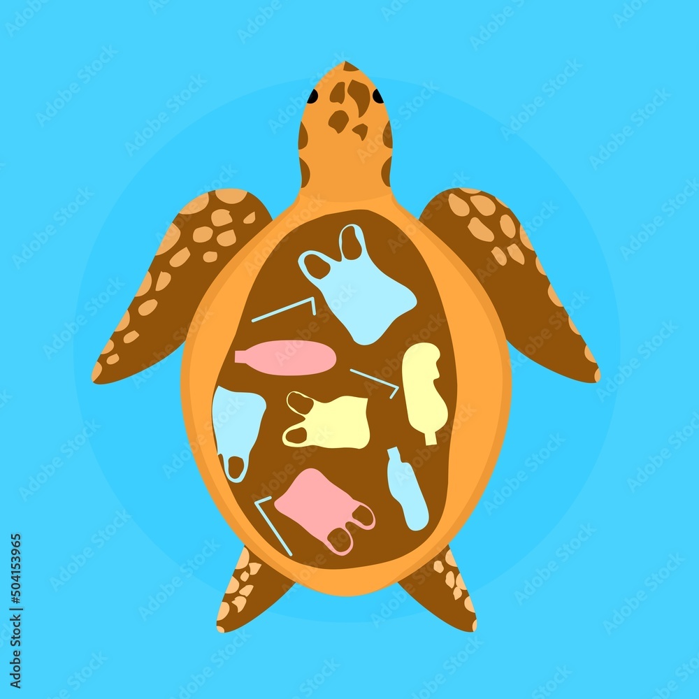Turtle Intrails Vector illustration of a big turtle eating plastic trash, bottles and ...