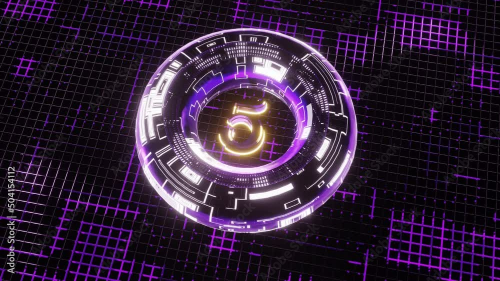 4K 3D animation. Neon bright glowing countdown timer from 10 to 0 seconds. Digital Tech clock timer of glowing led Blue digits background. Big 3D Numbers animated for intros. Circle rotating