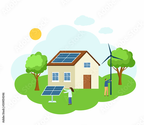 Man and woman install solar panel and wind generator in house. Sustainable energy climate alternative. Solar, wind power. Vector flat concept illustration.