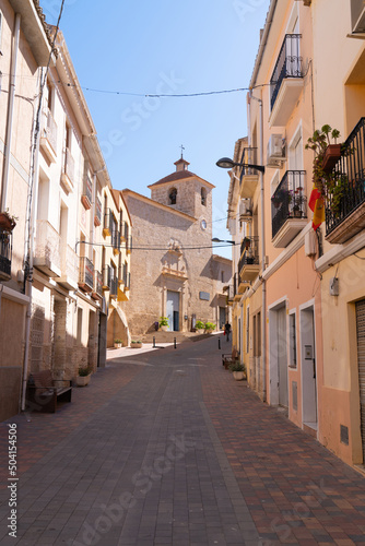 Busot Spain narrow streets in historic village tourist attraction near El Campello and Alicante