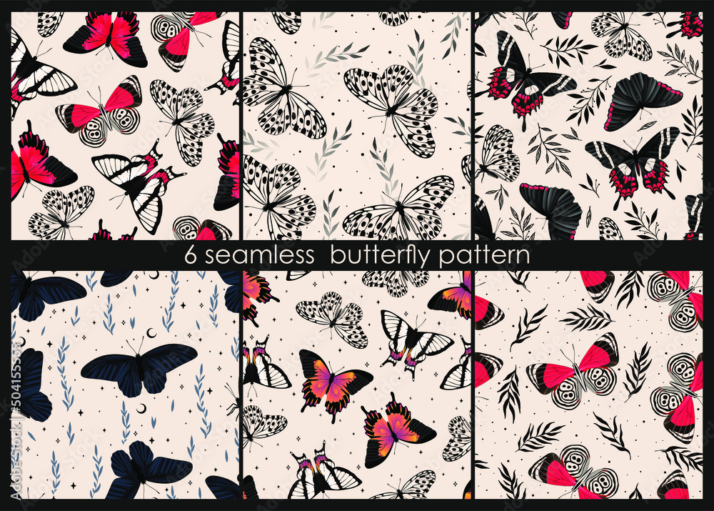 Set of seamless retro patterns with butterflies. Vector graphics. Contemporary composition. Trendy texture for print, textile, packaging.