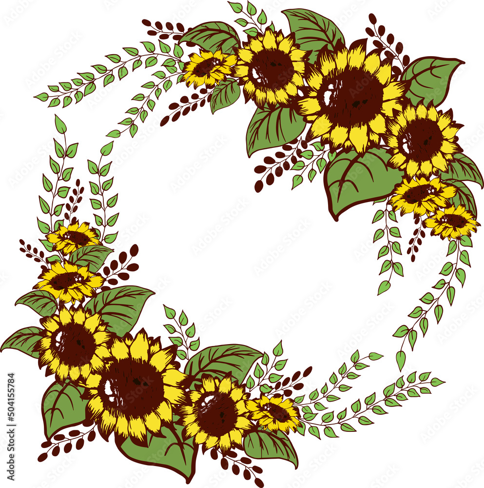 Floral summer frame of yellow blooming sunflowers bouquet arranngement