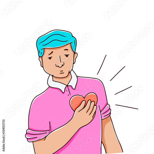 Rapid heartbeat concept. The man is holding his heart. Arrhythmia, post-covid syndrome. Vector illustration in hand drawn style