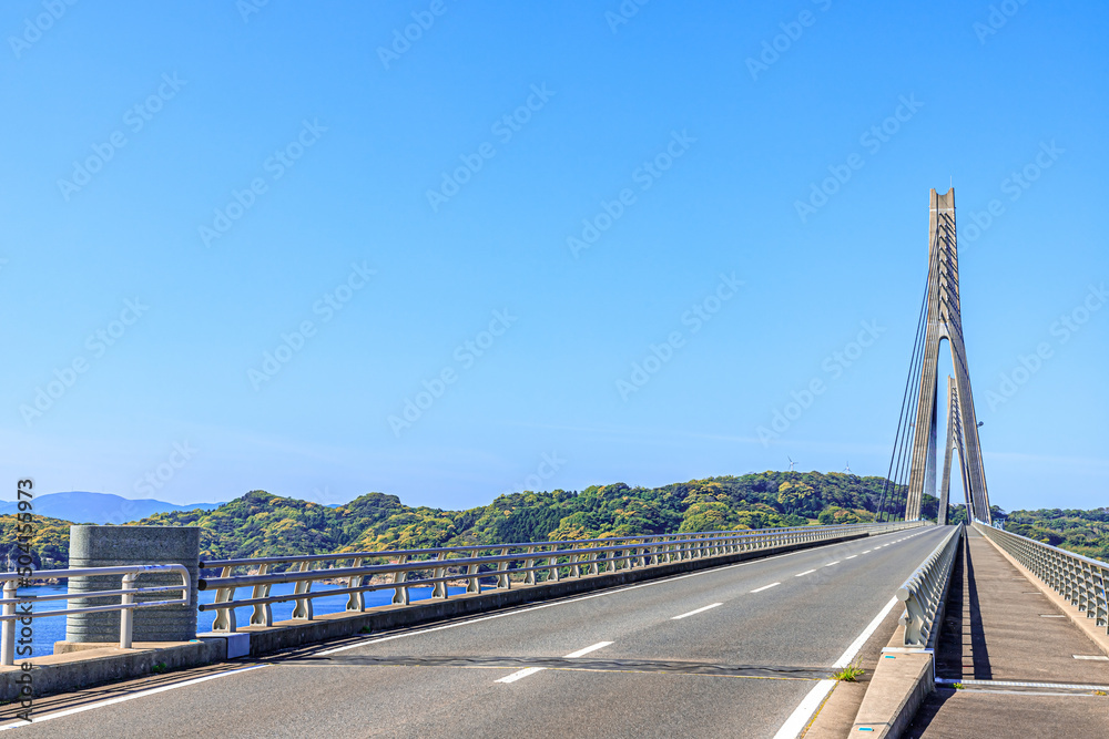 初夏の鷹島肥前大橋　佐賀県唐津市からの眺望　Takashima Hizen bridge in early summer.  View from Karatsu City, Saga