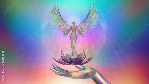Fotografie, Obraz 3d illustration of an astral angel in a lotus on his hand