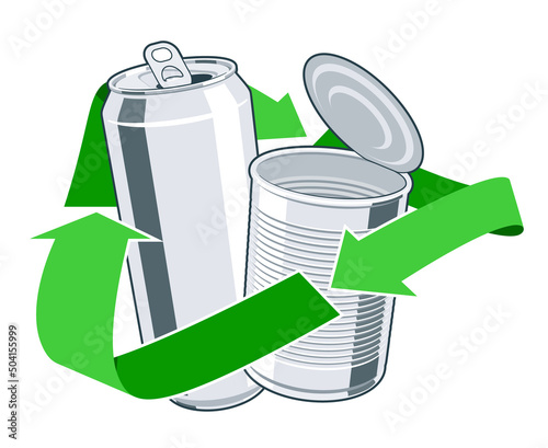 Green recycling symbol with metal can and tin inside. Concept of waste management and environmental protection. Vector isolated 3d cartoon style illustration.