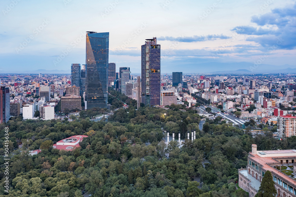 Obraz premium Aerial drone view of Chapultepec Park, city in the background, Mexico City, Mexico