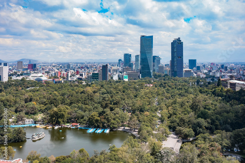 Aerial drone view of Chapultepec Park, city in the background, Mexico City, Mexico