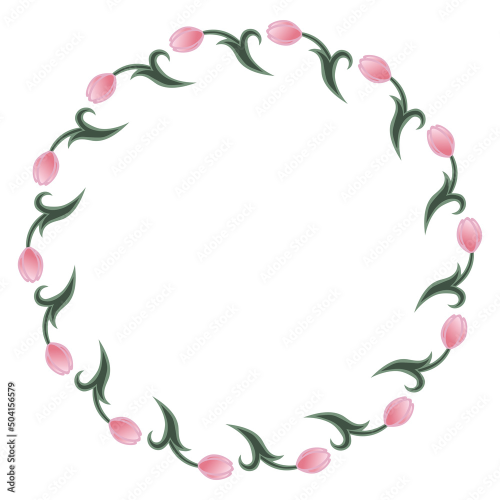 Vector drawing of elegant flower wreath with blooming pink tulips. Beautiful and minimalistic circle flower frame illustration in flat style for spring, wedding, engagement, Valentine's Day, birthday.