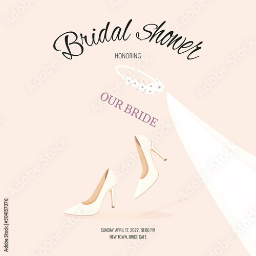 Canvastavla Bridal shower honoring the bride with veil and wedding shoes.