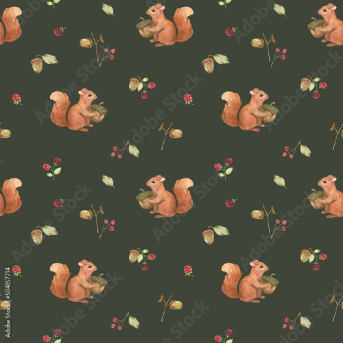Seamless watercolor pattern on the theme of autumn and cute animals with small squirrels, branches with leaves, wild berries, twigs, mushrooms and decor for your design in high quality