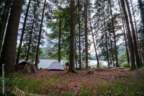 Two tents stands between trees in a pine forest on the river bank in the Carpathian mountains. Tourism and vacation concept. A mans sets up a tent. Arranges a camp.