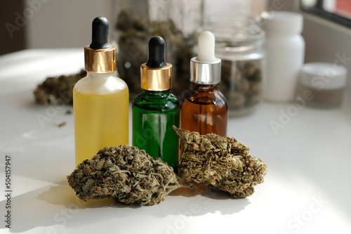Cannabis buds with cbd oil. Marihuana extract in cosmetology. Home relaxation, spa recreation, pastime therapy.