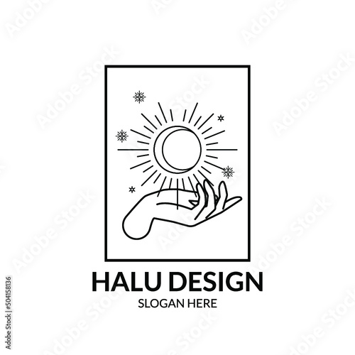 hand and moon line art logo in bohemian style, boho illustration