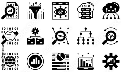 Set of Vector Icons Related to Data Analysis. Contains such Icons as Data Visualization, Big Data, Cloud Data, Traffic Analyse, Global Data, Statistics and more.