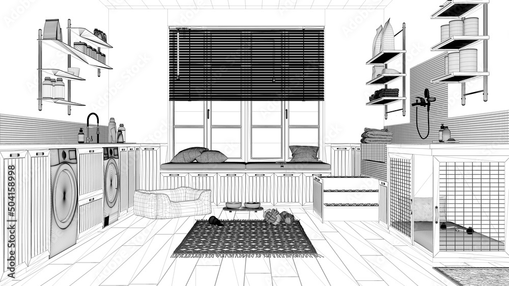 Blueprint project draft, pet friendly laundry room, mudroom with cabinets and equipment. Dog shower bath with ladder, dog bed and carpet, window with bench. Interior design concept Blueprint project draft, pet friendly laundry room, mudroom with cabinets and equipment. Dog shower bath with ladder, dog bed and carpet, window with bench. Interior design concept