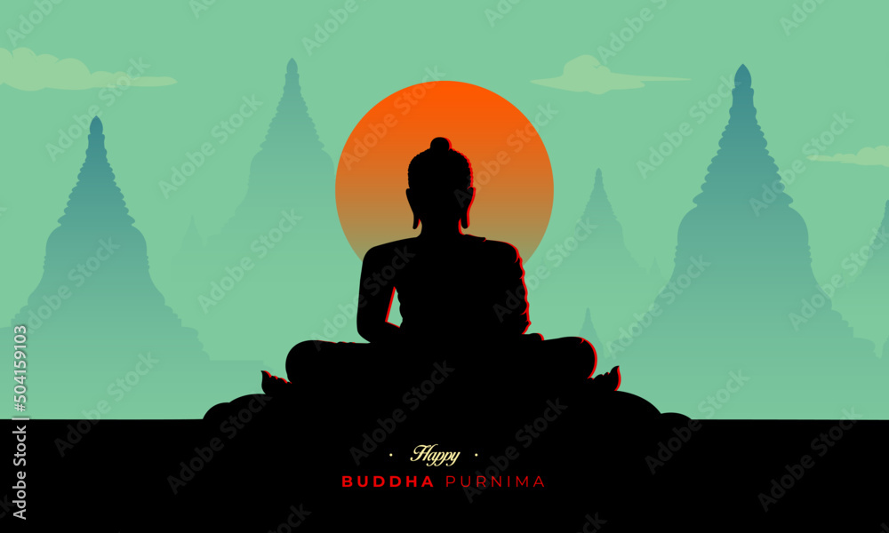 Happy Buddha Purnima, Vesak Day wishes greetings with a buddha vector silhouette. Can be used for posters, banners, greetings, and print design. 
