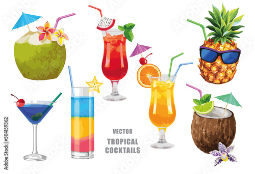 Tropical cocktails set for summer beach party. Vector design isolated elements on the white background.