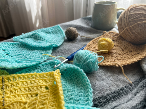 Crocheted elements and a cup of coffee