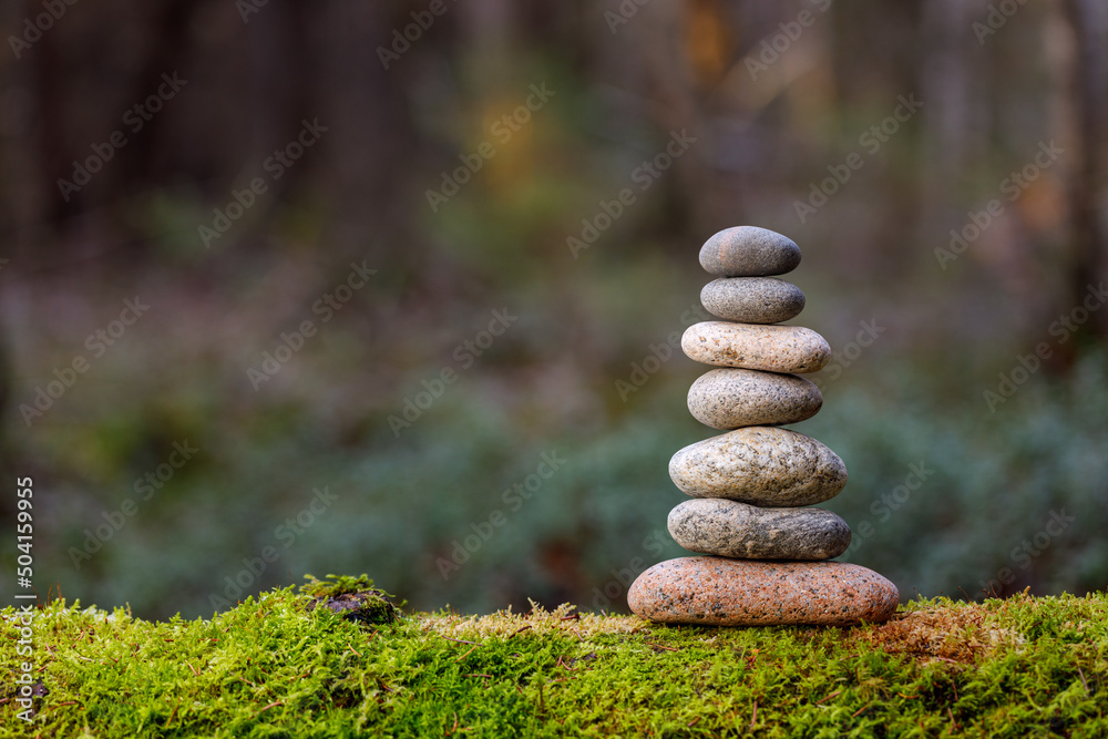 Pyramid stones balance on old mossy fallen tree. Stone pyramid in focus. Forest background blurred Pyramid stones balance on old mossy fallen tree. Stone pyramid in focus. Forest background blurred