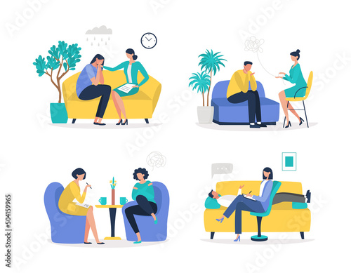 Psychotherapy practice set. Psychologist and patient. Psychological help, consultation. mental health. Vector flat illustration