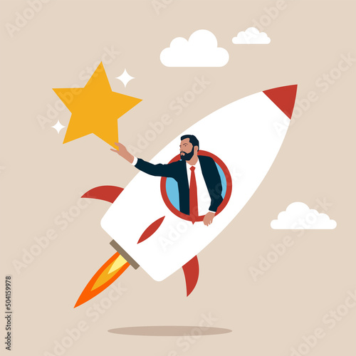Businessman riding fast rocket to catch golden star. Innovation to help or support work success, entrepreneurship or winning business challenge, work opportunity or business accomplishment concept.
