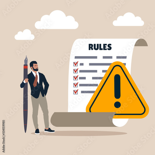 Businessman finish writing rules and regulations document. Rules and regulations, policy and guideline for employee to follow, legal term, corporate compliance or laws, standard procedure concept.
