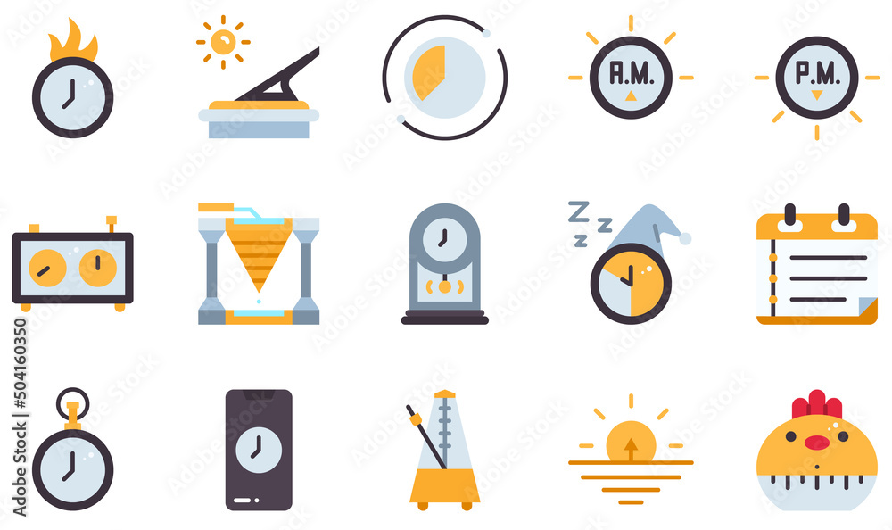 Fototapeta premium Set of Vector Icons Related to Time. Contains such Icons as Deadline, Sundial, Time Lapse, Chess Clock, Water Clock, Pendulum Clock and more.