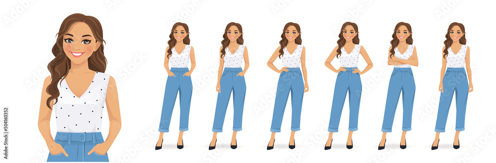 Young woman with curly hairstyle and casual style clothes standing in different poses. Isolated vector ilustration set. Young woman with curly hairstyle and casual style clothes standing in different poses. Isolated vector ilustration set.