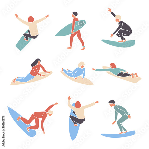 Vector flat style set of surfing boy and girl surfers abstract mosaic stylized. Minimalism design off wave riders in different poses