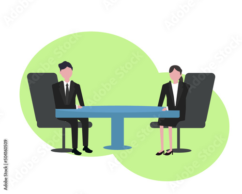 会議や話し合いをするスーツの男女 ビジネス オフィスで話すビジネスマンとビジネスウーマン ベクターイラスト © うみの丘デザイン