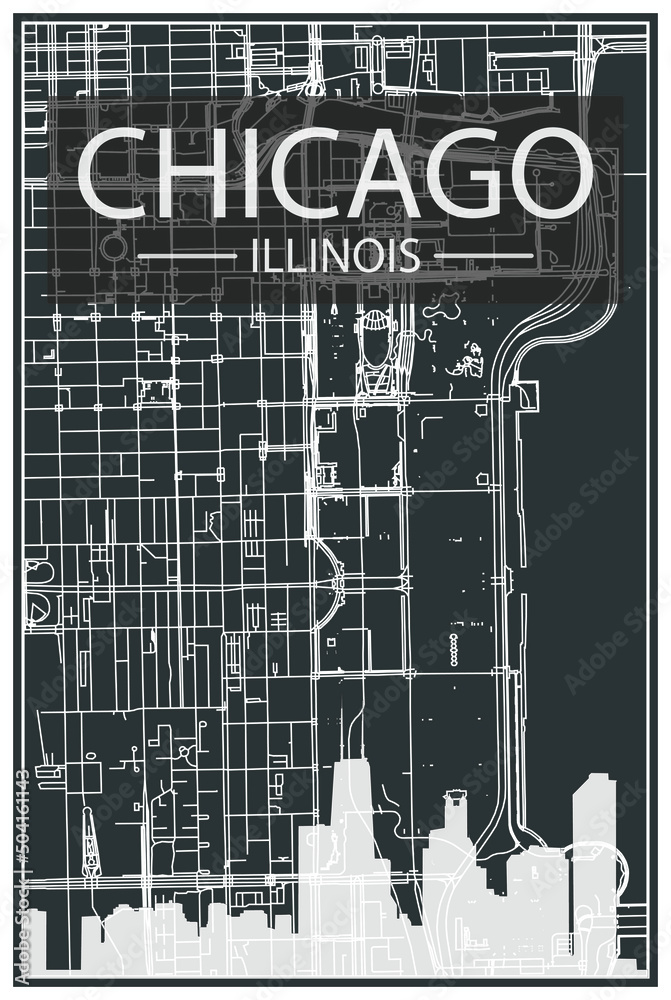 Fototapeta premium Dark printout city poster with panoramic skyline and streets network on dark gray background of the downtown CHICAGO, ILLINOIS