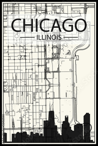 Light printout city poster with panoramic skyline and streets network on vintage beige background of the downtown CHICAGO, ILLINOIS