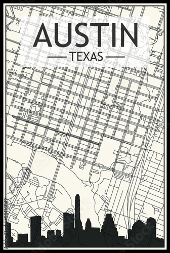 Light printout city poster with panoramic skyline and streets network on vintage beige background of the downtown AUSTIN, TEXAS