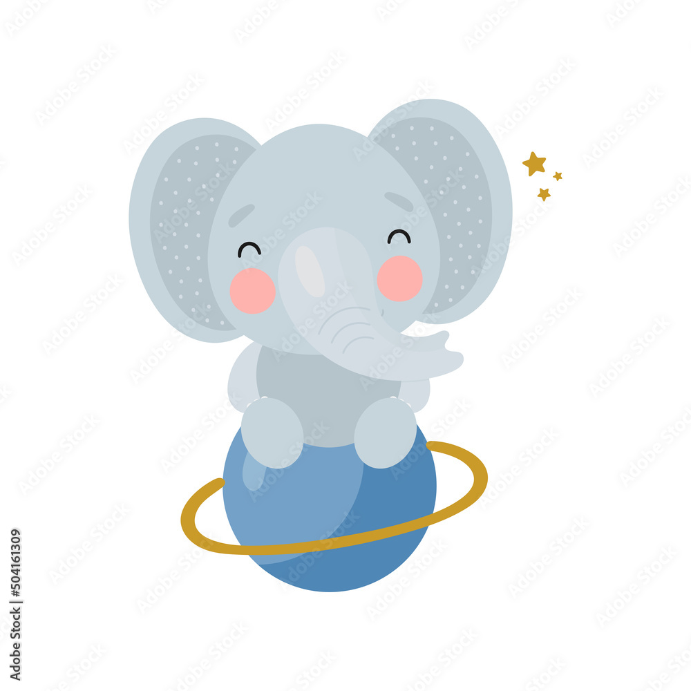 Obraz premium Cute Elephant in the space. Cartoon style. Vector illustration. For card, posters, banners, children books, printing on the pack, printing on clothes, fabric, wallpaper, textile or dishes.
