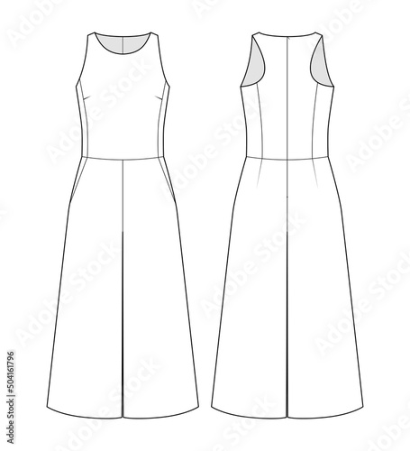 Fashion technical drawing of racer neck culotte jumpsuit for woman