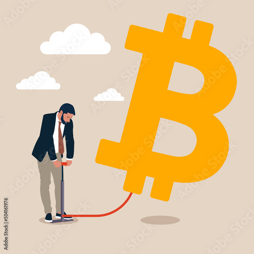 The business improve and growth concept. Businessman is inflating the bitcoin balloon. Business strategy, investment, wealth, management, marketing flat vector illustration.