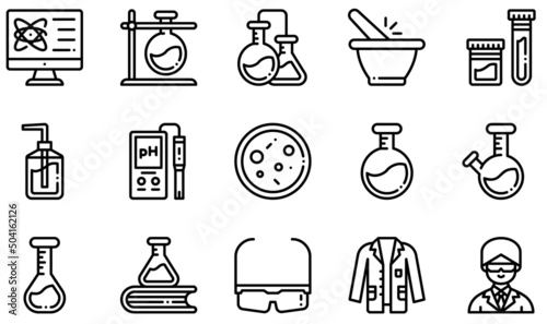 Set of Vector Icons Related to Chemistry Lab. Contains such Icons as Test Tube, Chemistry, Urine Sample, Ph Meter, Flask, Lab Coat and more.