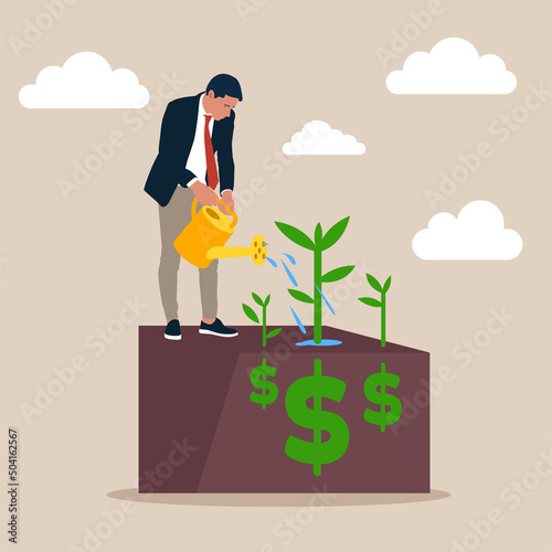 Businessman investor holding watering can to watering grow sprout seedling he plant from dollar sign. Dividend investment, prosperity and economic growth or saving and business profit concept.