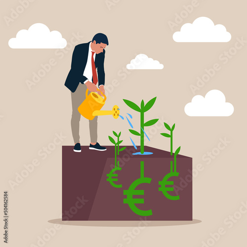 Businessman investor holding watering can to watering grow sprout seedling he plant from euro sign. Dividend investment, prosperity and economic growth or saving and business profit concept.