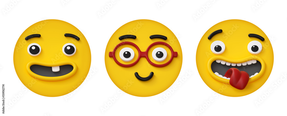 3d render, set of round yellow face icons with different emotions and facial expressions, isolated on white background. Excitement smart shock 3d render, set of round yellow face icons with different emotions and facial expressions, isolated on white background. Excitement smart shock
