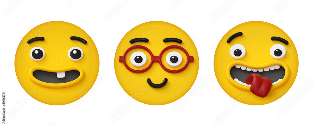 3d render, set of round yellow face icons with different emotions and facial expressions, isolated on white background. Excitement smart shock