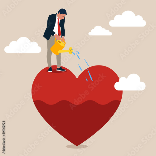 Businessman pouring water to fulfill heart shape metaphor of passion. Work passion, motivation to success and win business competition, mindset or attitude to work in we love to do concept.