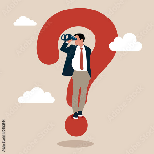 Businessman with huge question mark look through binoculars to search for new business idea. Curiosity explore unknown, search for solution or new business opportunity, seek for success concept.