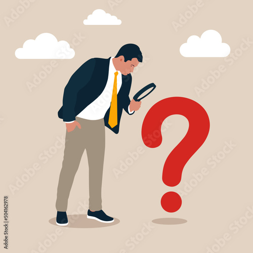 Businessman analyst using magnifying glass to analyze question mark sign. Problem and root cause analysis, research and leadership skill to find solution or answer for business problem concept.