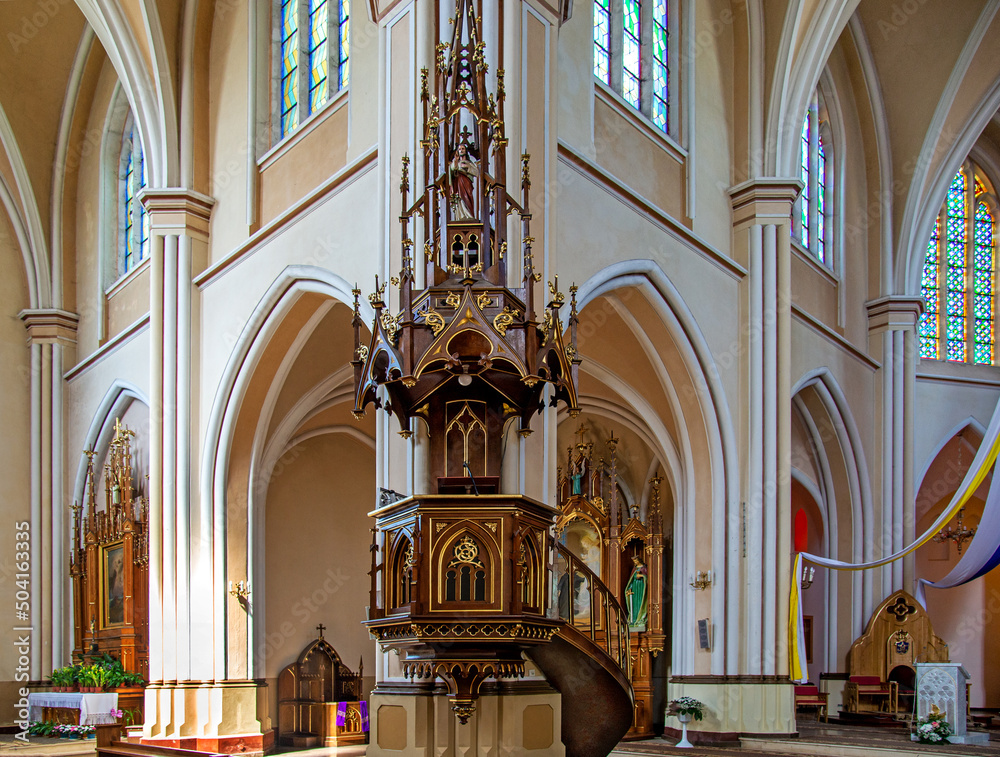 View of the interior of the Catholic Church of the Nativity of the Blessed Virgin Mary, built in the years 1905-1912 in the neo-Gothic style in Rajgród in Podlasie, Poland.
